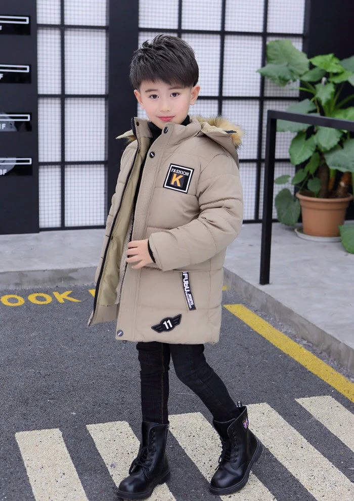 New Winter Kids Jacket For Boys Teenage Fur Hooded Outerwear Parka Thicker Cotton-30 Russia Overcoat Clothes For Children