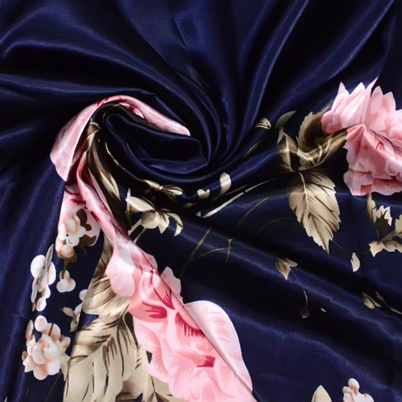Elegant Navy Blue Silk Scarf with Chinese Rose Design - Large Square Ladies' Fashion Accessory