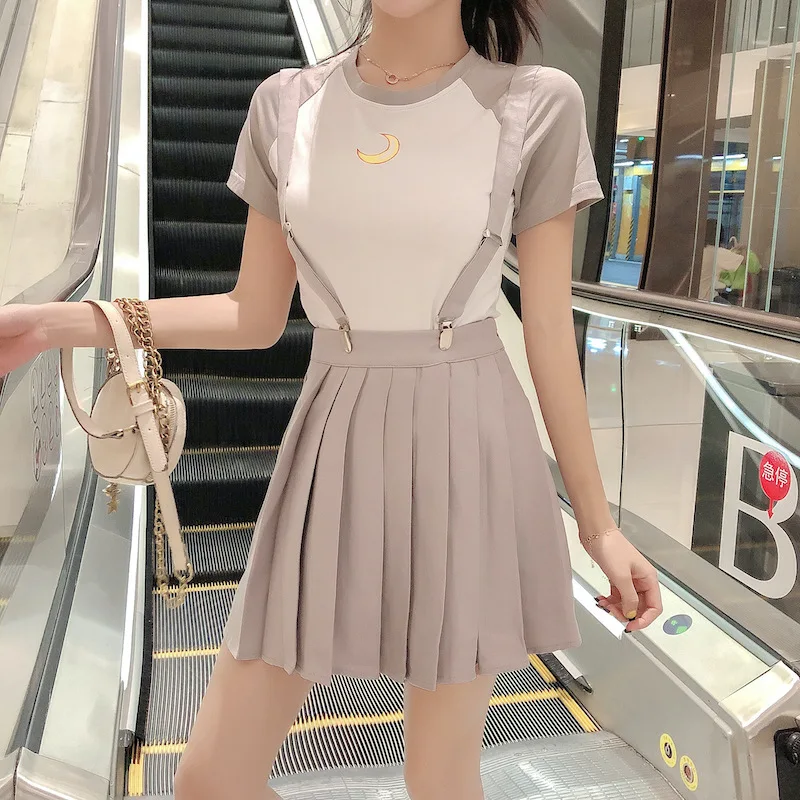 

Sannian Moon Suit Short-sleeved Bottom Shirt + High-waist Pleated Belt Half-length Skirt Two-piece Skirt. Two Piece Set