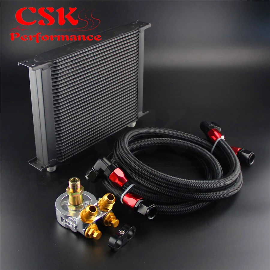 

New 30 Row Engine Oil Cooler w/ 80 Deg Thermostat Plate + AN10 Oil Lines Kit Silver / Black