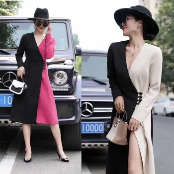 

Fashion color matching dresses for women super temperament dress female vadim elegant long sleeve midi vintage women's clothing