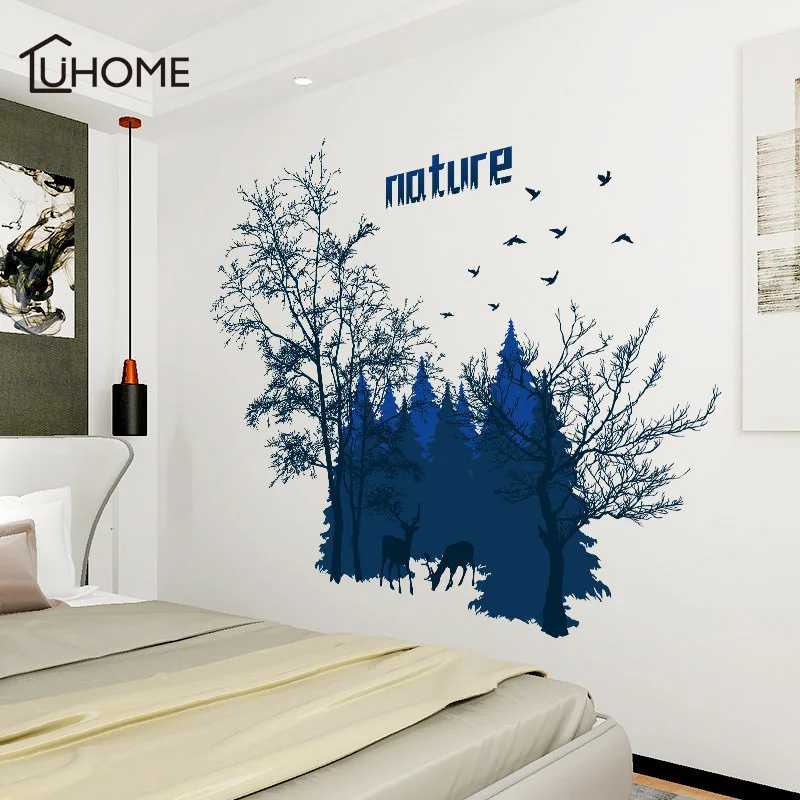 

3D Forest Landscape Wall Sticker Green Dark Blue Tree Removable Wallpaper Home Decor Bedroom Poster Mural Adesivo De Parede