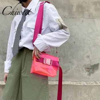 

Brand Fluorescent Pink Transparent Women Messenger Bag Girls Clear PVC Jelly Beach Bags Buckle Wide Shoulder Strap Bag Handbags