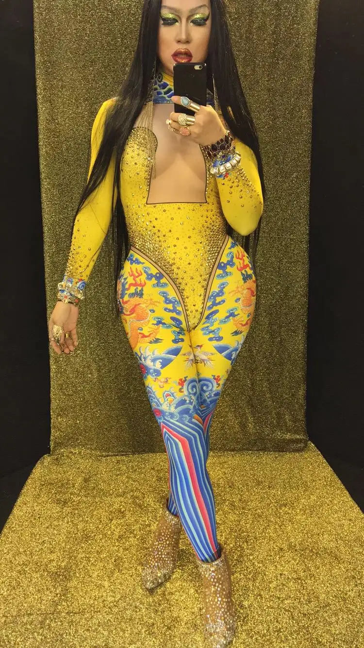 

Women Sparkly Rhinestones Sexy Female Jumpsuit Gold Print Rompers Singer Party Court Bodysuit Steel Tube Dance Costumes DJ Show