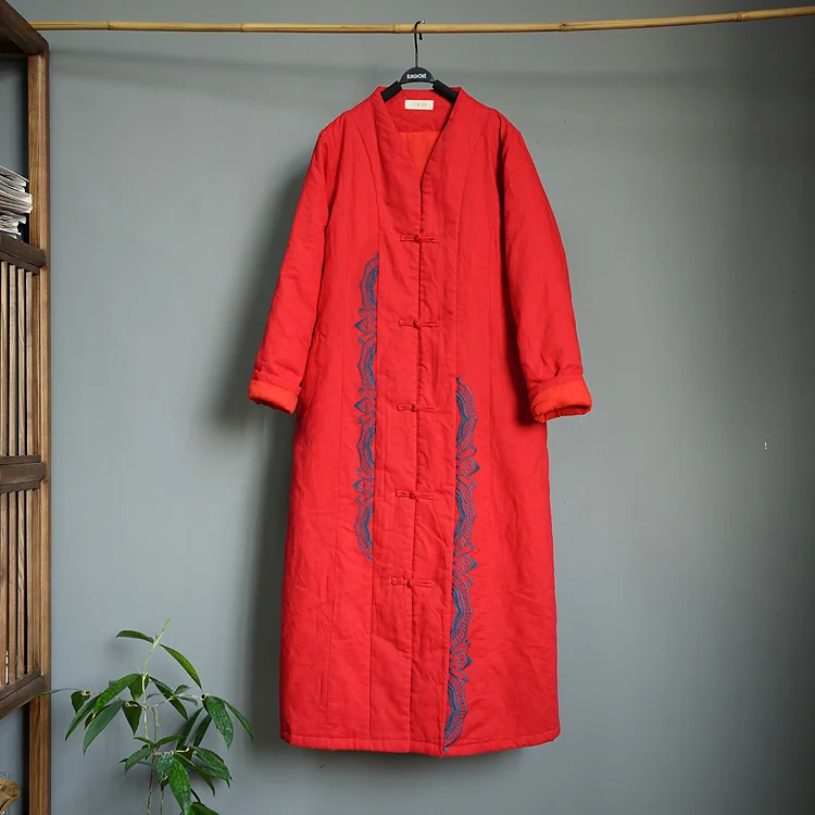 SCUWLINEN зимняя куртка женская китайский стиль винтажная вышивка Толстая теплая длинная льняная парка с хлопковой подкладкой S727