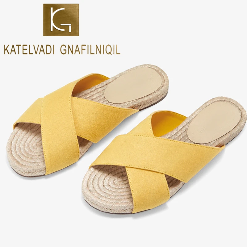 

KATELVADI Slippers Women Yellow Flock Woman Slip On Sandals Flat Hemp Summer Sliders Espadrille Shoes K-446