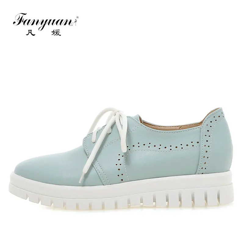 

Fanyuan Woman shoes 2018 spring Ladies Footwear round toe sepatu wanita cross-tied Women's Flat Platform Shoes White Pink Blue