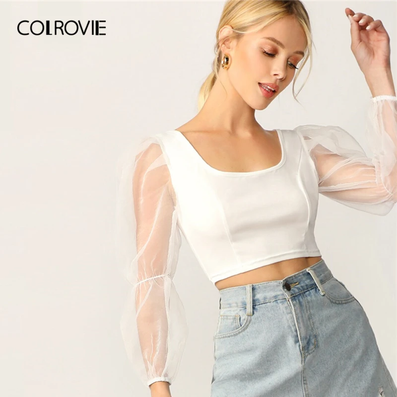 

COLROVIE White Sheer Mesh Sleeve Scoop Neck Crop Womens Tops And Blouses Women 2019 Sexy Summer Glamorous Ladies Slim Fit Tops