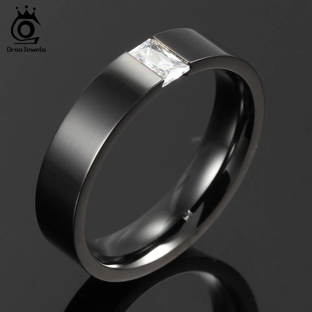 ORSA JEWELS Tension Setting Square Zircon Rings for Men Women Black Color&Gold-Color Stainless Steel Ring for Parties OTR78