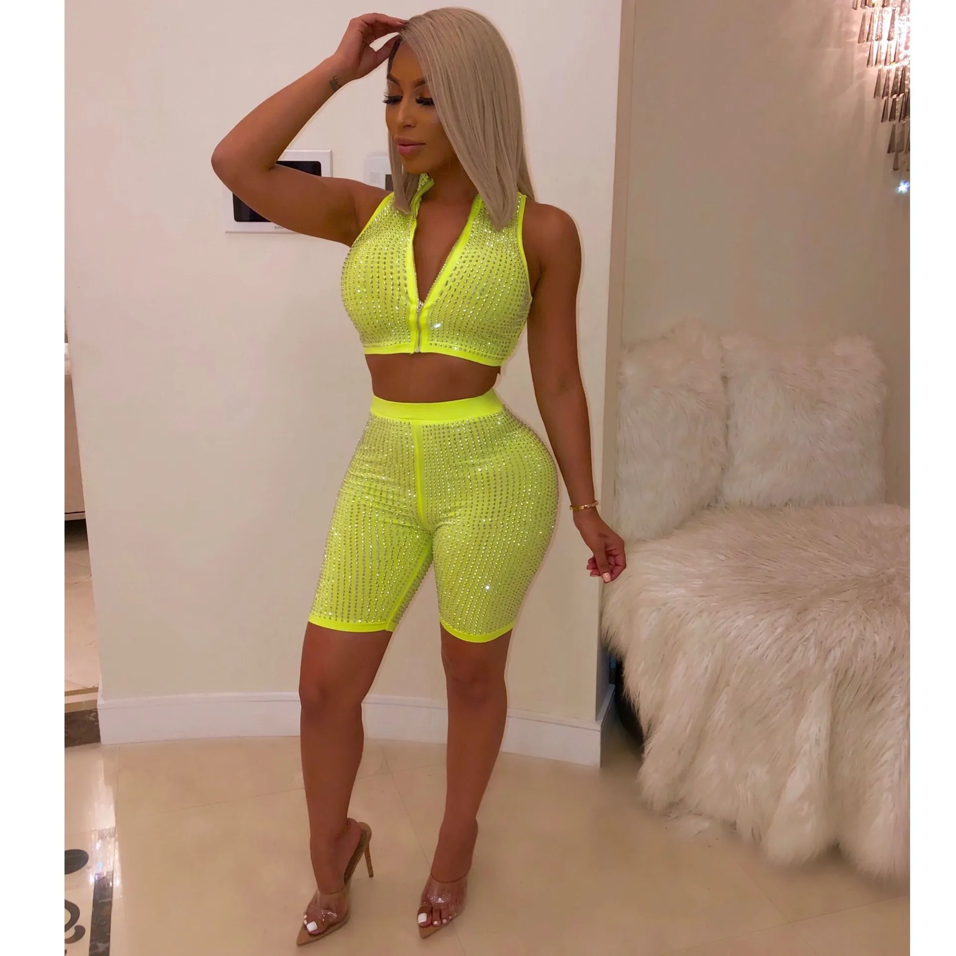 

Fashion 2019 Women Rhinestone Diamond Two Pieces Set Deep V-Neck Sleeveless Crop Top Short Sets Bodycon Overalls