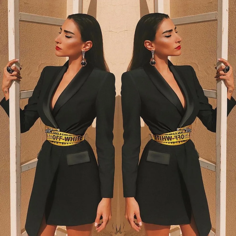 High Quality Fashion Black Long Sleeve V Neck Sashes Bodycon Dress Evening Party | Женская одежда