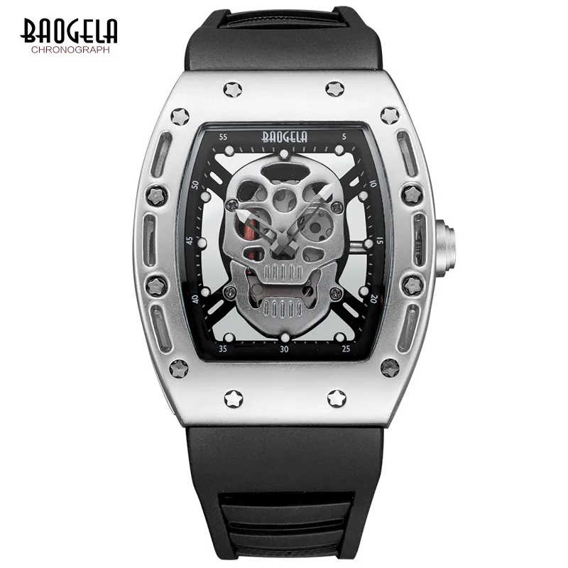 Pulseira de Silicone de Quartzo Relógios de Pulso à Prova Baogela Esqueleto Moda Água Luminosa Relógio Relógios Masculinos 1612g-silver d’