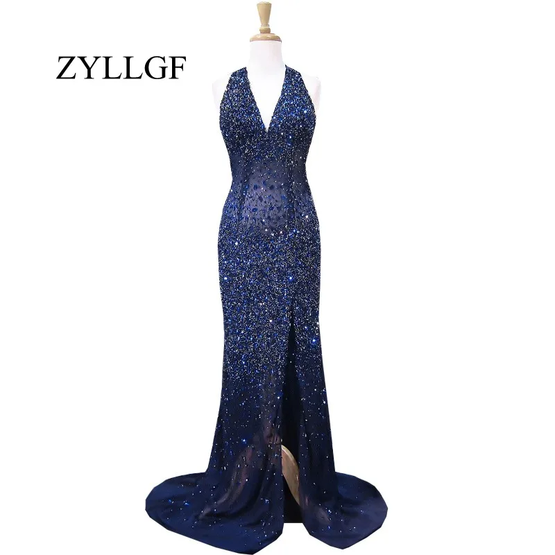 ZYLLGF сексуальное вечернее платье без спинки платье годе с лямкой на шее шеи высокого платье, расшитое кристаллами с глубоким вырезом с