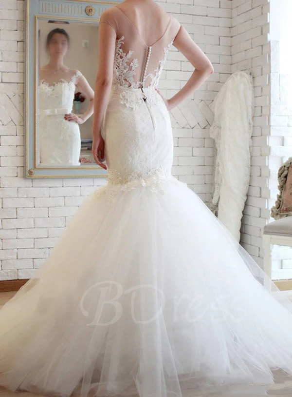 444 Elegant Sheer Back Tulle Lace Mermaid Wedding Dress Sweep Train Cheap Bridal Gown 2017 Vestidos De Novias 165 (1)