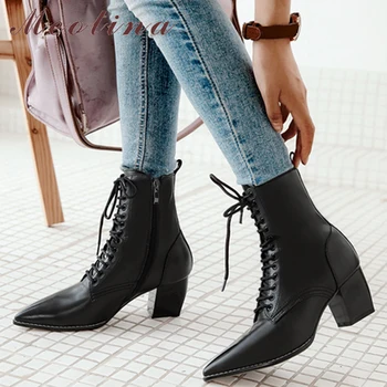

Meotina Women Natural Leather Boots Winter Pointed Toe High Heel Boots Zipper Fashion Lace Up Motorcycle Boots Brown Size 34-39