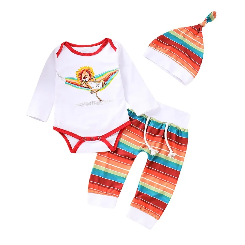 

Spring Autumn Baby Boys Girls Letters Square Long-Sleeved Romper + Pants + Hat Cotton Children's Three-Piece Set Baby's Sets