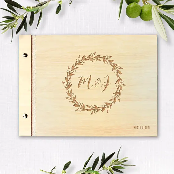 

Wooden Wedding Guest Book, Rustic Flowers Guestbook, Rustic Olive Wreath, Laser Engraved Names Bride and Groom, Many Colours, Pe