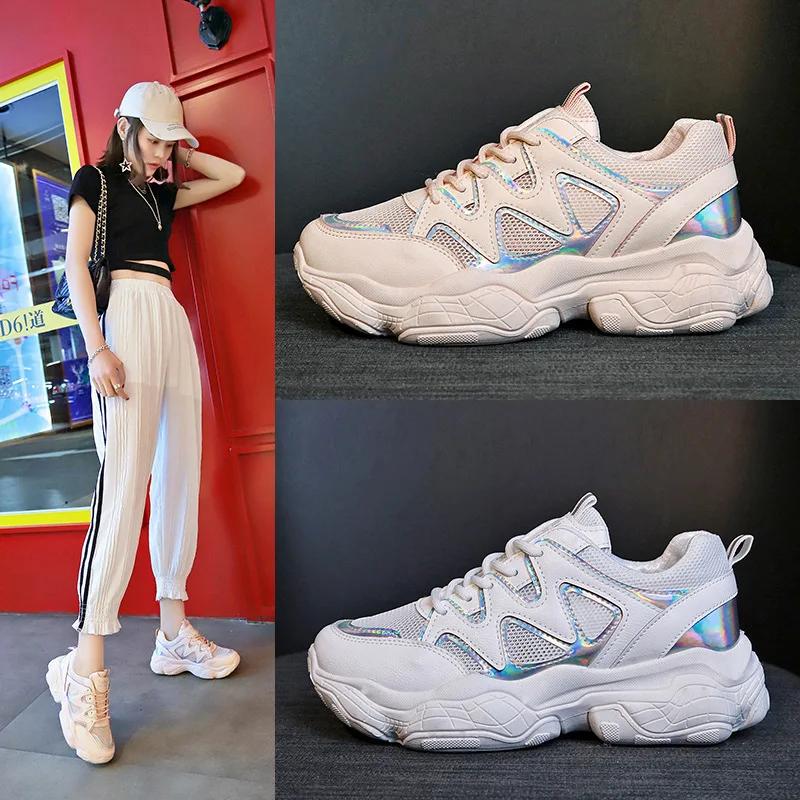 

Fashion 2019 Harajuku Women Casual Shoes Lace-Up Leather Dad Chunky Sneakers Flat Thick Sole Tenis Wedge White Basket Walking