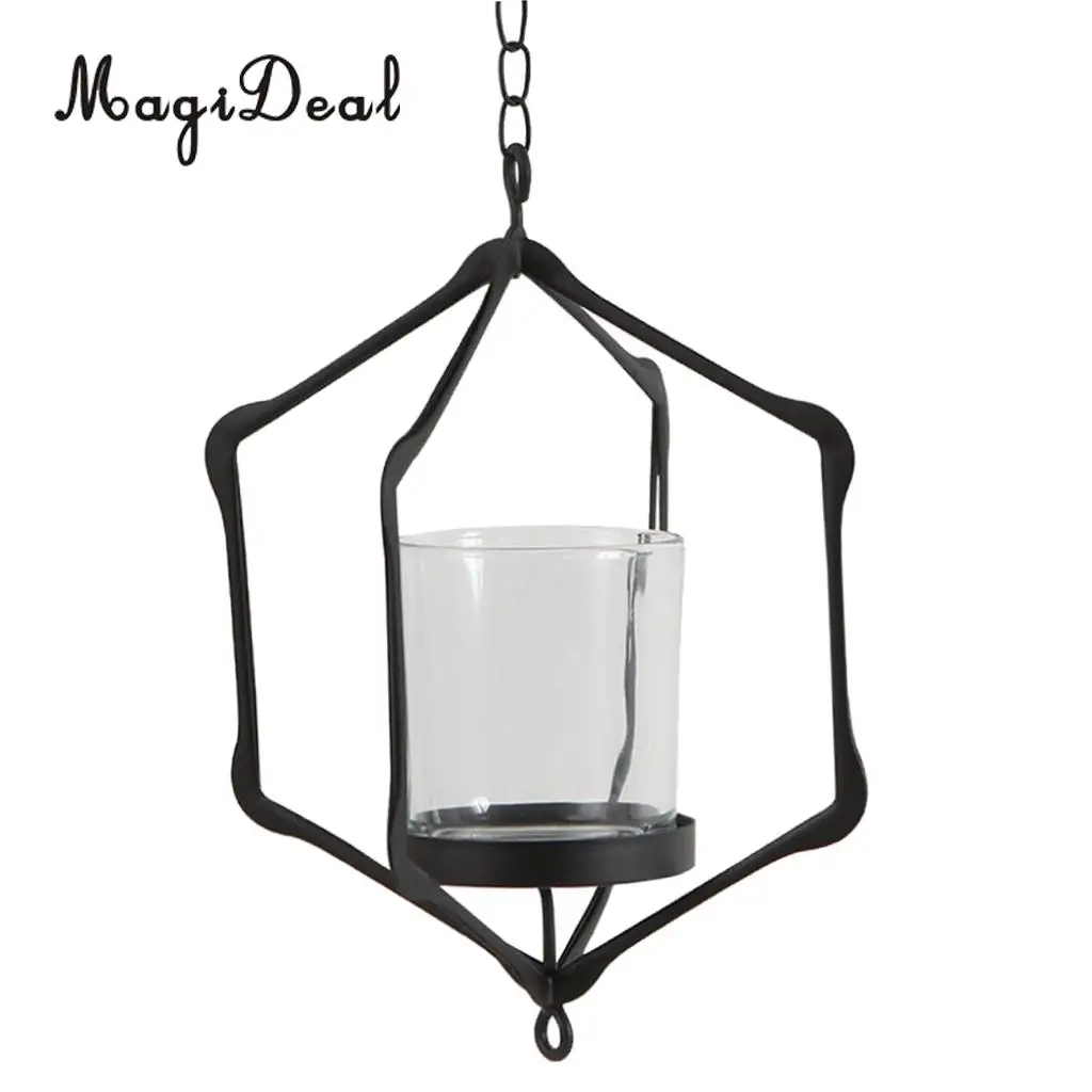 MagiDeal Wire Hanging Chain Hollow Vintage Geometric Tealight Candle Holder Mood Light Candleholder Candlestick Lantern Case