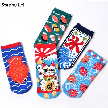 

Harajuku Cartoon Lucky Cat Fish Sushi Cotton Women Boat Socks Cute Kittens Girl 's Short Socks Creative Funny Invisible Slippers