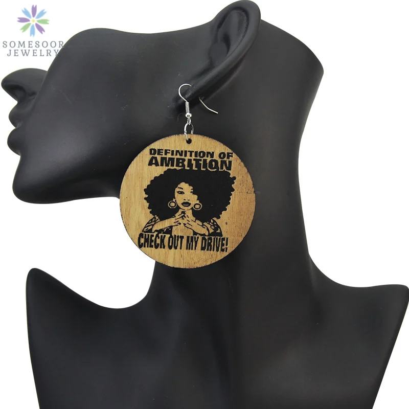 

SOMESOOR 6cm Large African Carved Natural Wooden Drop Earrings Definition Of Ambition Afro Black Sayings Personalized Jewelry