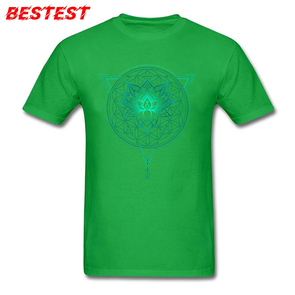 Pure Cotton Men Short Sleeve Crazy Top T-shirts Design T Shirt Funky comfortable Round Collar T-shirts Drop Shipping Lotus Flower of Life Mandala in Geometric Triangle green