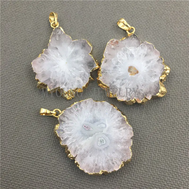 MY0450 Sun Flower Shape Druzy Quartz Slice Gold Color Edge Charms,Natural White Crystal Quartz Necklace Pendant Jewelry Making (2)