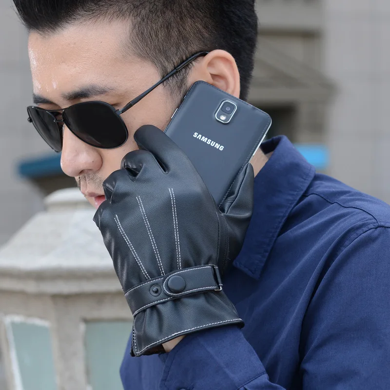 GLV875 Touch screen male winter PU leather font b GLOVES b font with thick FLEECE warm