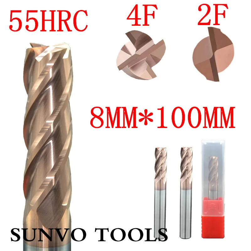 2PCS 4/2 flutes 8x100MM HRC45 HRC50 HRC55 HRC60 HRC65 8MM Tungsten Carbide End Mill R4 ball end End Mill Aluminum milling cutter