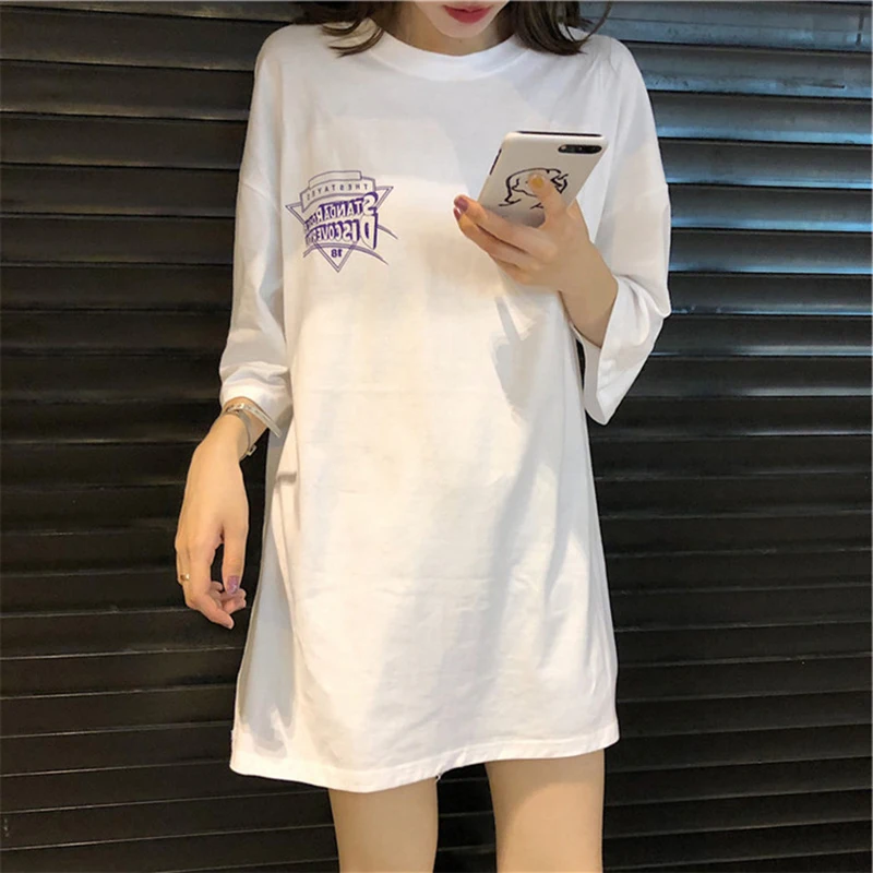 Женские футболки с коротким рукавом и круглым вырезом, удлиненная свободная уличная одежда с буквенным принтом, шикарная летняя одежда Harajuku, мягкая тонкая универсальная одежда