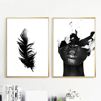 

Wall Art Canvas Painting Feather Girl Black White Abstract Nordic Posters And prints Wall Pictures For Living Room Decoration