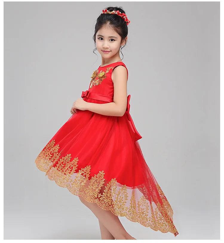 Элегантное Изысканное платье с вышивкой «Ласточкин хвост» и красными цветами для девочек; нарядное свадебное платье для девочек; Детские платья для причастия с золотыми блестками
