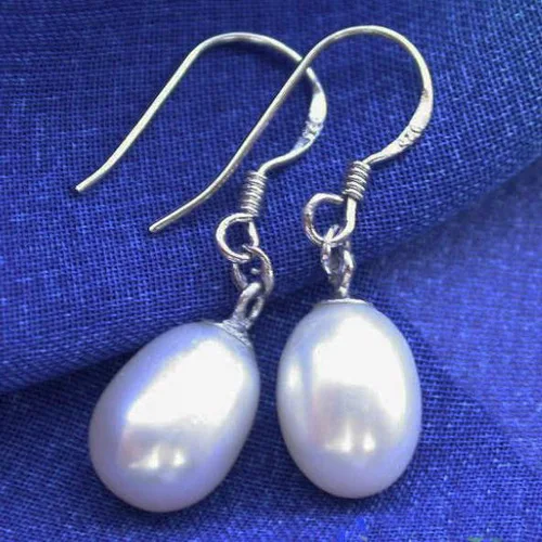 

Elegant 100% Genuine Freshwater Pearl Dangle Earrings For Women,Top Quality 10-11mm White Rice Pearl Silver Jewellery