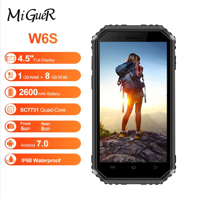 

E&L W6S IP68 Waterproof Mobile Phone 4.5" IPS Android 7.0 Quad Core 1GB+8GB 2.0MP+5.0MP 2600mAh Dual Card 3G SmartPhone In Stock