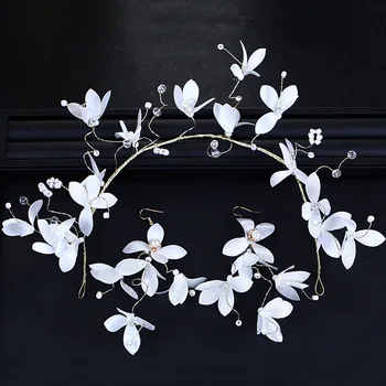 

Korean Mori Bride White crystal flower Hoop Earrings Set Jewelry Wedding headdress sweet wreath ribbons