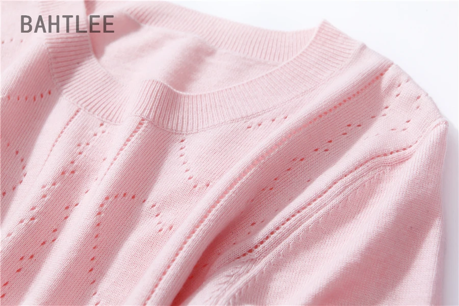 Bahtlee женская летняя футболка, джемпер с коротким рукавом, вязаный пуловер, свитер с О-образным вырезом, дизайнерский, вентиляционный, розовый цвет