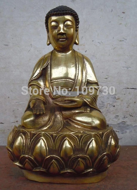 

003078 9" China bronze gilded carved lotus flower Sakyamuni buddha Sculpture statue