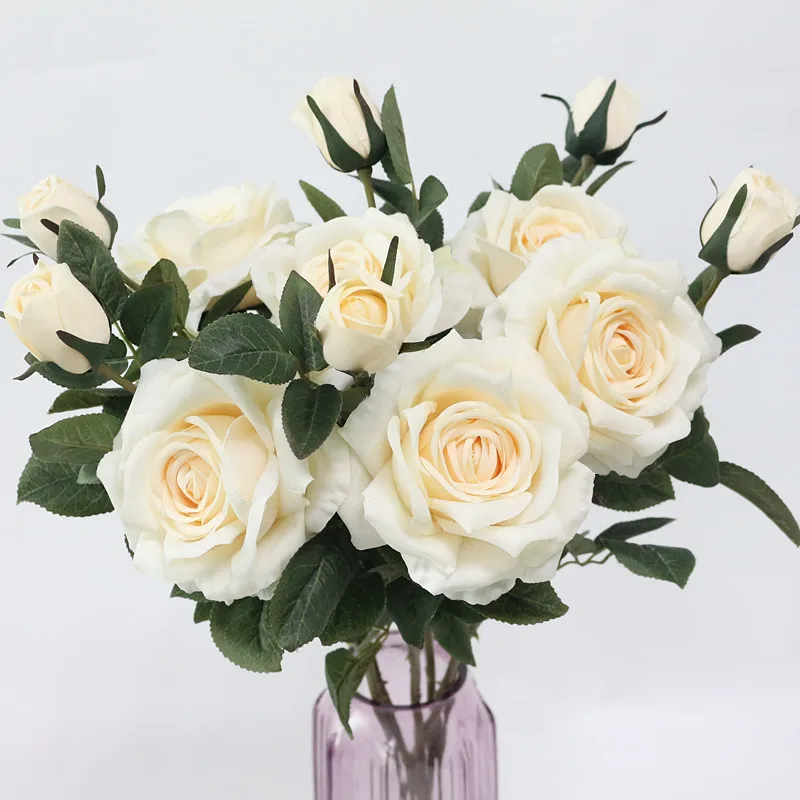 Flone 2 Heads Artificial Rose Silk Flower Fake Leaf Long Rose Buds Artificial Flowers Bouquet Home Wedding Party Decor Gift (13)