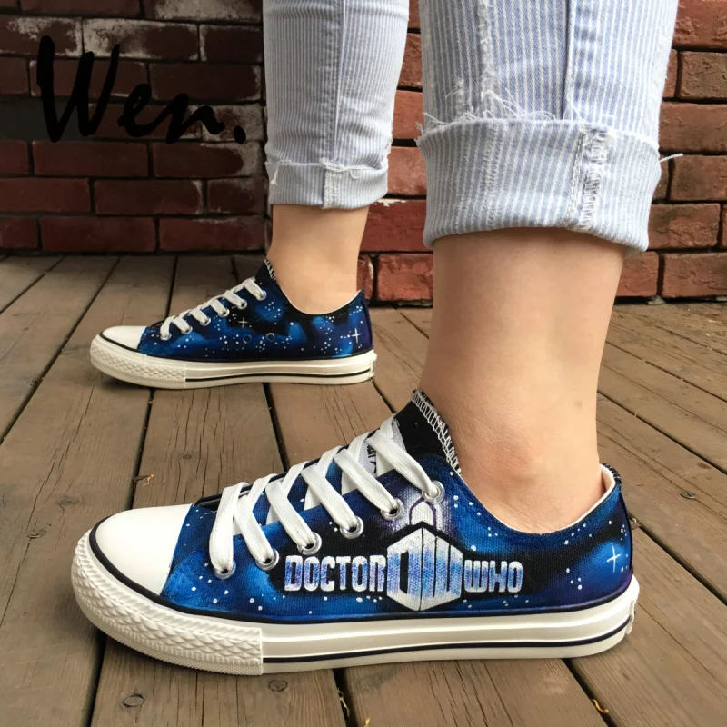 

Wen Design Custom Hand Painted Shoes Doctor Who Logo Woman Man's Low Top Blue Canvas Sneakers Platform Flat Lace up Plimsolls