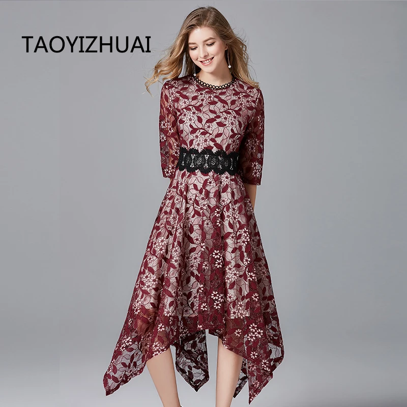 

TAOYIZHUAI 2019 New Arrival Spring Vintage Style Red in white Plus Size L Sashes Asymmetrical Skinny Lace Dress for women 14172