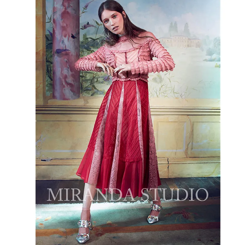 

Top Quality Runway Lace Long Dress Women Vintage Stand Collar Long Sleeve Ruffle Lace Maxi Dress Red Party Vestidos
