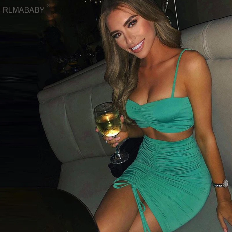 

RLMABABY Sexy Ruched Two Piece Bodycon Dress Women Spaghetti Strap Backless High Waist White Dress Christmas Party Dress Vestido