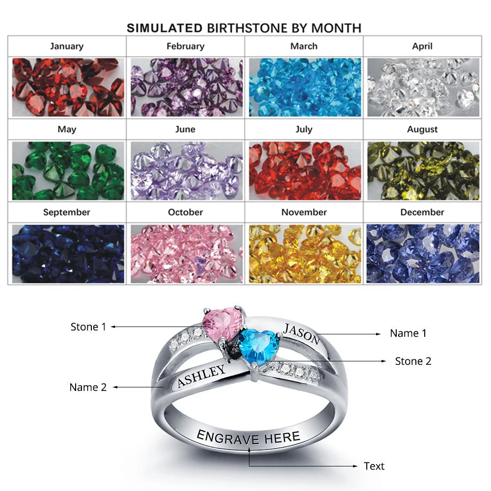 Personalized Engrave Birthstone Couple Heart 925 Sterling Silver Love Promise Wedding Ring Free Gift Box (JewelOra RI102000)