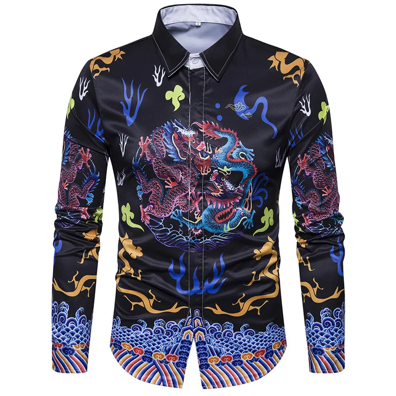 3D Dragon Print Shirt Men 2017 Brand New Men's Shirt Long Sleeve Slim