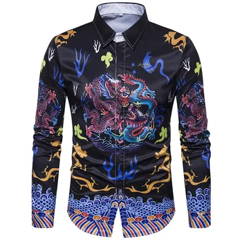 

3D Dragon Print Shirt Men 2017 Brand New Men's Shirt Long Sleeve Slim Fit Male Shirts Casual Cotton Mens Floral Dress Shirts 3XL