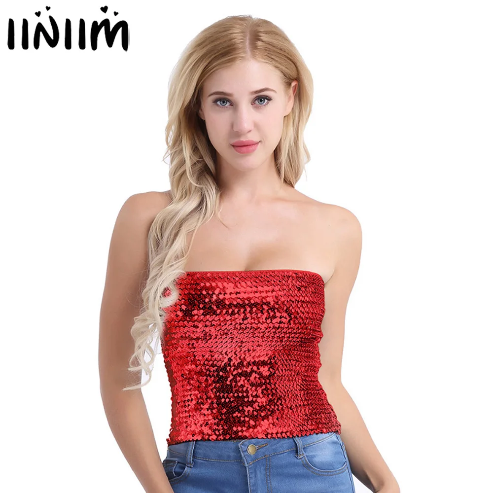 Женская мода блеск Светоотражающие пайетки стрейч Tank Crop Top вечерние Клубные костюмы ночь Вечерние без бретелек Tube Клубная одежда Топ