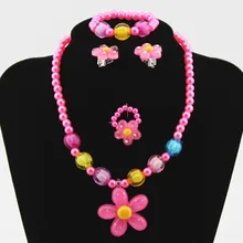 4pcs Kids Baby Girl’s Imitation Pearls Beaded Sun Flower Necklace Bracelet Rings Earrings Jewelry Set Children Party Gift M79
