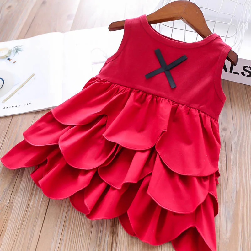 

Girls Cake Layered Red Color Dress Bow Ruffles Lovely Kids Child Clothes Holiday Party Summer Sleeveless Dresses