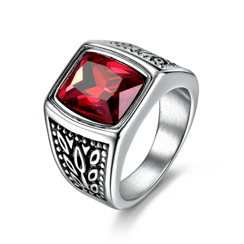 XIAGAO Gift 2 Color Red Green Square Stone Titanium Ring for Man 316L Stainless Steel Unique Fashion Male's Cross Ring for Boy