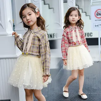 

Children Girls Summer Autumn Clothing Set 2020 Kids Girls Clothes Set 4-13Y Plaid Blouse + Mesh Skirt 2PCS Suit Set For Teens